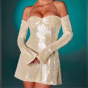 OH POLLY Anais Off The Shoulder Sequin A-line Mini Dress In Ivory size 8